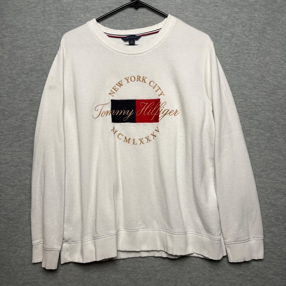 Y2K Tommy Hilfiger White Embroidered Crew Neck‎ sweater Men XL